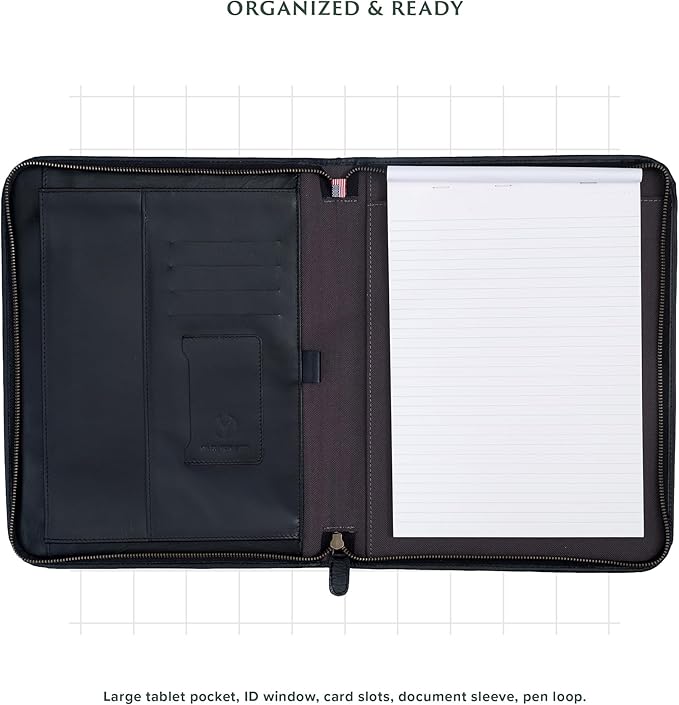 OLDE YORK Leather Padfolio — Leather Binder Portfolio for Men, Padfolio for Men & Women — 100% Authentic Top-Grain Leather (Black)