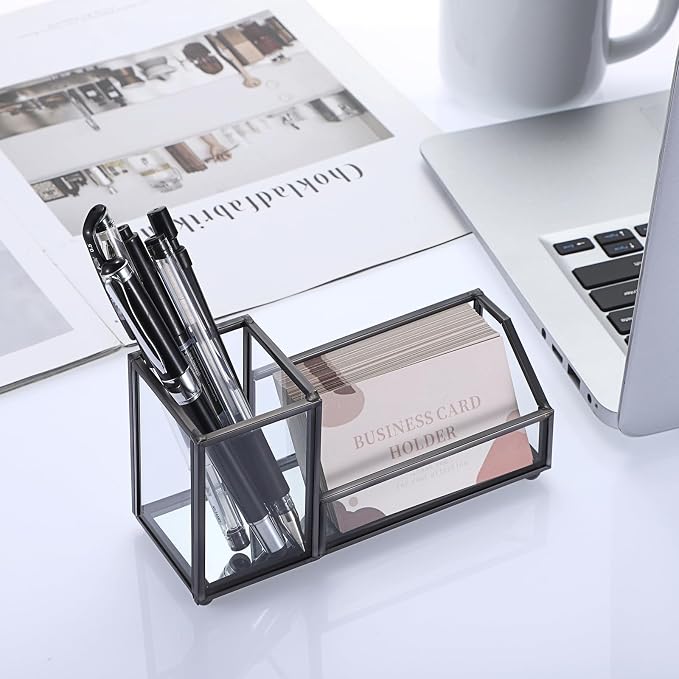 Hipiwe Glass Business Card Holder Metal Pen Pencil Storage Holder for Desk Clear Business Card Display Organizer Case for Office Home,2 Slots,Black