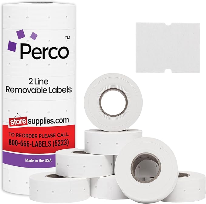 Perco 2 Line Removable Adhesive Labels - 8 Rolls, 1 Sleeve, 6,000 Blank Price and Date Gun Labels for Perco 2 Line Price and Date Guns - Made in USA