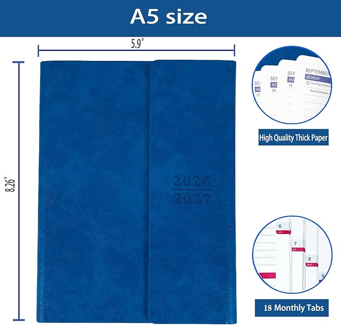 Planner 2026-2027, Weekly Monthly Academic Calendar for Jul 2026 - Dec 2027 [18 Month Agenda], 8.26" x 5.9" Faux Leather Cover + Thick Paper (26-27 Blue)