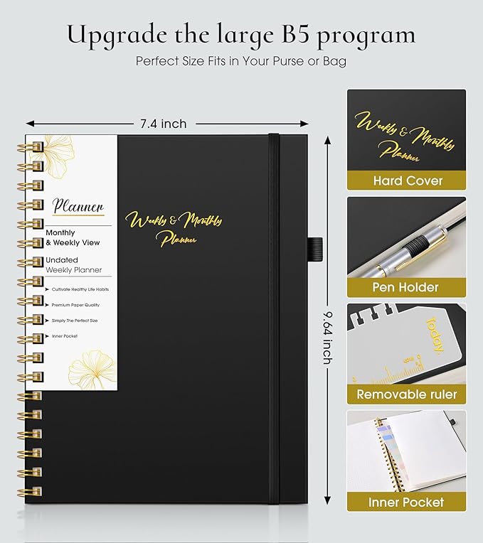 Undated Weekly and Monthly Planner, B5 Large Weekly To Do List Notebook with Goal & Habit Tracker Organizer, Hardcover Spiral Bound Blank Monthly Planner for Work School Home 7.4" x 9.64" Black