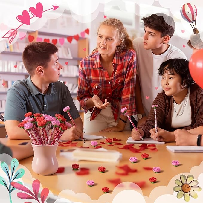 Gersoniel 36 Pcs Valentines Pencils 18 Valentines Day Pencil 18 Giant Rose Eraser Stationary Set for Valentine kid Classroom Reward Students gift Party Favors Goodie Stuffer School Teacher (Valentine)