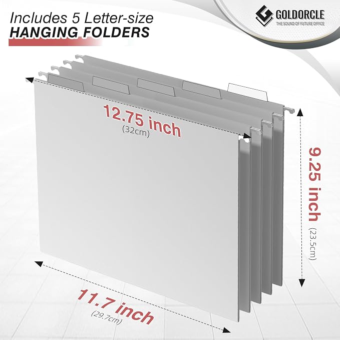 Hanging File Organizer, Letter-Size File Holder Filing Box with 5 Hanging Folders, Metal Mesh Desk File Folder Storage(No Assembly Required) (Pink, with 5 Grey Folders)
