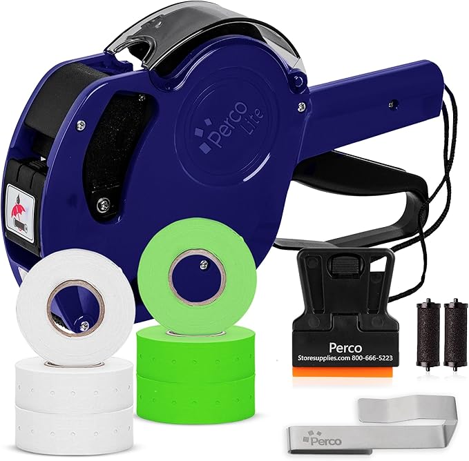Perco Lite 1 Line Price Gun with Labels Kit - Includes 3 White Rolls, 1 Gun Clip, 3 Fluorescent Green Rolls, 2 Ink Rollers, 1 Ink roll and Labels Pre-Loaded