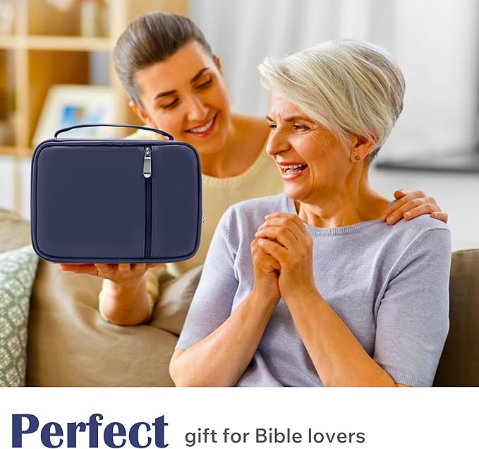 Small Bible Cover Case for Women and Men, 9x6 PU Leather Bible Sleeve, Compact Travel Bible Carrier Bag with Front Pen Holders, Zipper Closure, Inner Pockets - Navy Blue