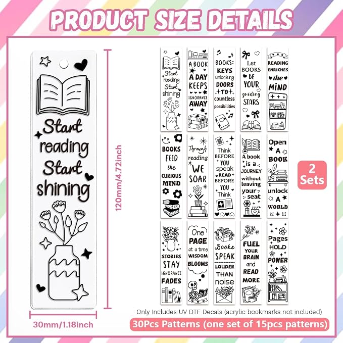 Peacoblue 30pcs UV DTF Bookmarks Transfer Stickers Wraps Black Inspirational Words for Women Men Reading, Waterproof Bookmarkers Decal(No Blank Bookmarks) for Acrylic Plastic Metal Blank Bookmark