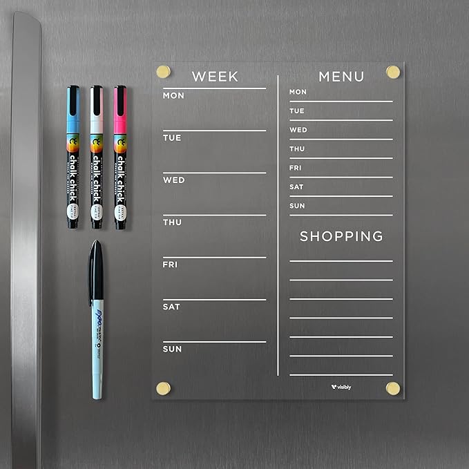 Magnetic Acrylic Meal Planner, Menu & Shopping List Board for Fridge, 9” x 12” Clear Refrigerator Organizer, Includes 4 Magnetic Wet-Erase Markers, Silver Corner Magnets