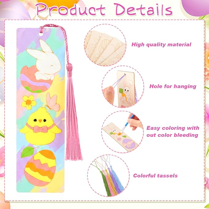 AmazingSpark 100 Pcs Easter Wood Bookmarks Bulk DIY Crafts Kit, 50 Set Blank Easter Bunny Coloring Bookmarks with Tassel for Classroom Gifts Exchange Activity Reading Party Favor Reward Goodie Fillers