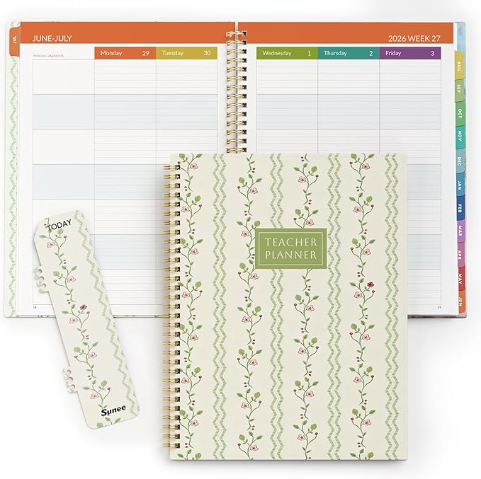 SUNEE Teacher Planner 2026-2027 Academic Year, 7 Periods Lesson Plan Book Jul 2026 - Jun 2027, 8.5"x11" Daily Weekly Monthly Organizers Vertical Layout with Bookmark, Waterproof Cover, Floral Stripes