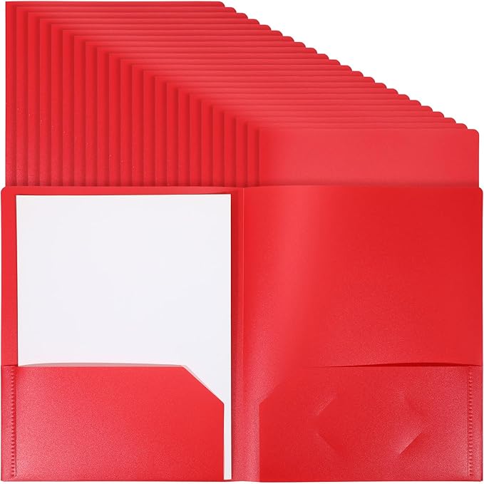 24 Pcs Red Heavy Duty Plastic Folders 2 Pocket File Folder Fit Letter Size for Home Office School Communication Presentation Report Sheet Protectors (Red)