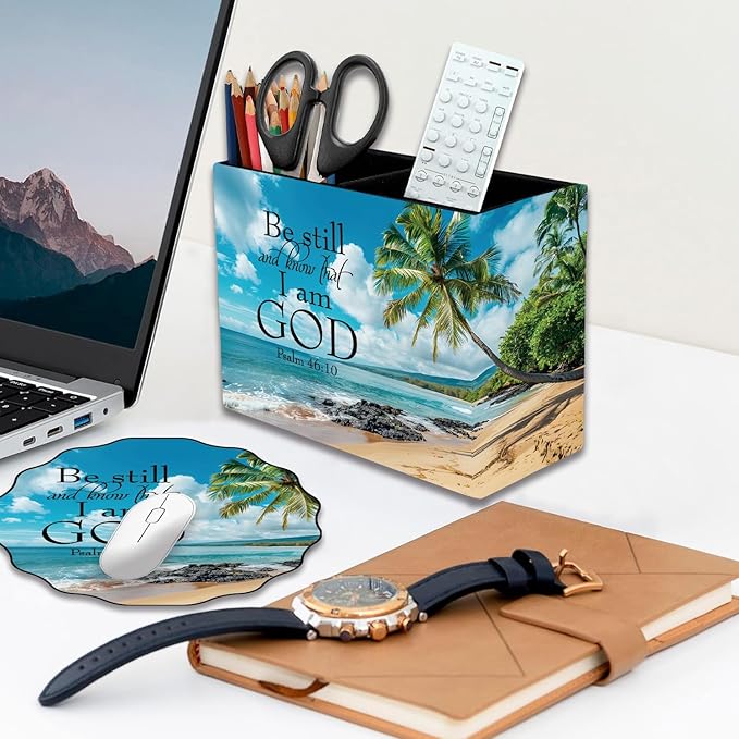 Pen Holder and Anti-Slip Mouse Pad Combination, Makeup Brush Storage Box, Tableware Storage Box, Suitable for Office and Home - Beaches and Palm trees