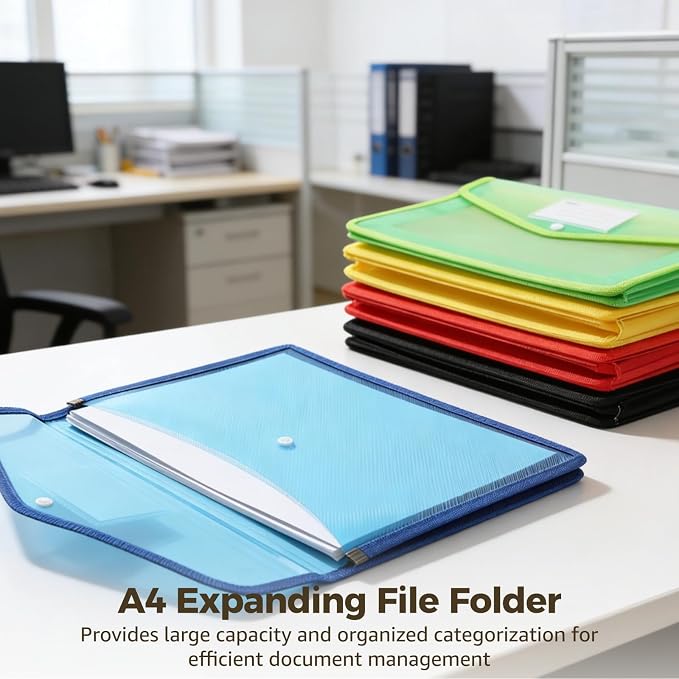 6Pcs A4 Expanding File Folders,Plastic Pocket Folders Accordion Document Organizer with Snap Button Closure, 3.14 in Wide Capacity,File Pouch with Label Pocket