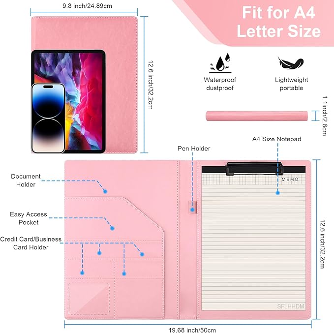 Clipboard Padfolio with Storage Pocket,Clipboard Folder Portfolio Organizer,360 Degree Foldable Clipboards,Faux Leather Padfolio Organizer (Pink, A4 Size Folder Without Elastic Band)