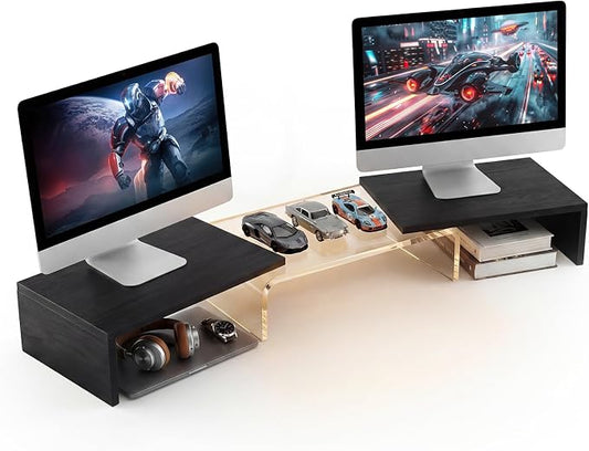 Dual Monitor Riser, Acrylic Monitor Riser, Adjustable Angle & Length Computer Monitor Stand, Wide Desk Shelf for Top of Desk for Home Office_Black Maple Look Small