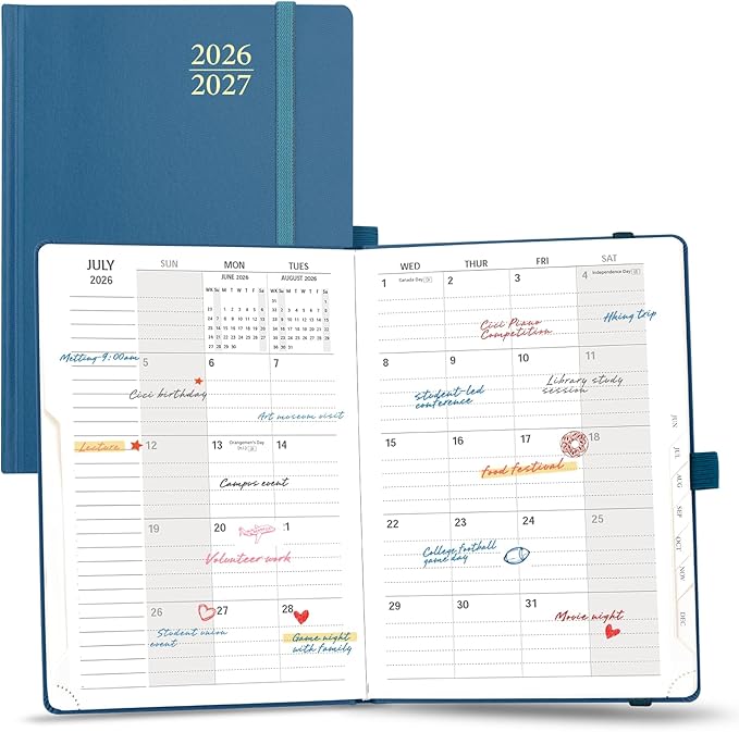 POPRUN Monthly Planner 2026-2027, 6.25" x 8.5", 18 Month (Jul 2026 - Dec 2027) Calendar Book, Academic Calendar Planner with Monthly Tabs, Inner Pocket, Hard Cover, 100GSM Paper - Night Sky Blue