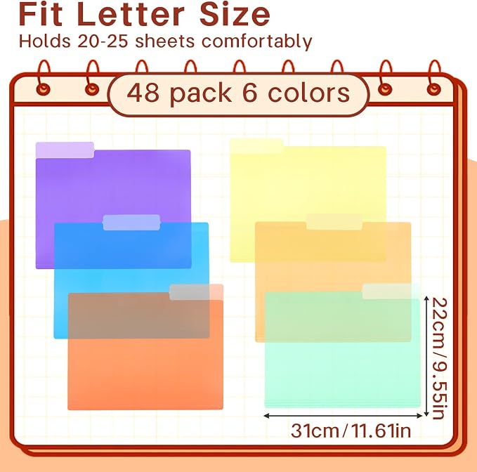 Dispowreath 48 Pack Colored Clear Plastic File Folders with 1/3 Cut Tabs, 8.5 x 11 in Letter Size Poly Project Pockets, Translucent Document Jackets for Office, School & Home Organization