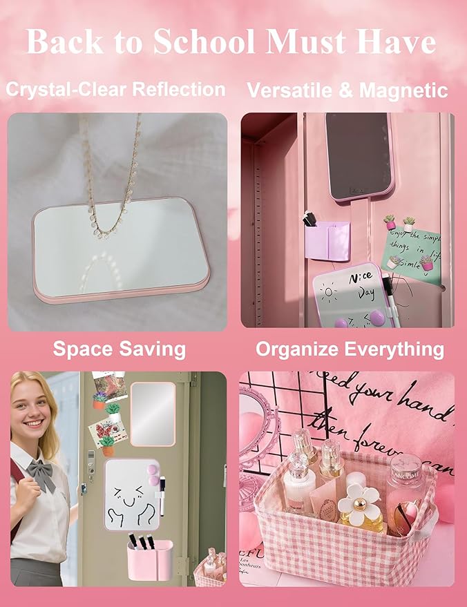 Pink Locker Accessories Kit for Girls with Locker Mirror, Pen Holder, Magnetic Whiteboard, Storage Basket, Magnets, 14 Piece Locker Organizer & Decor for School Work Locker, Back to School Essentials