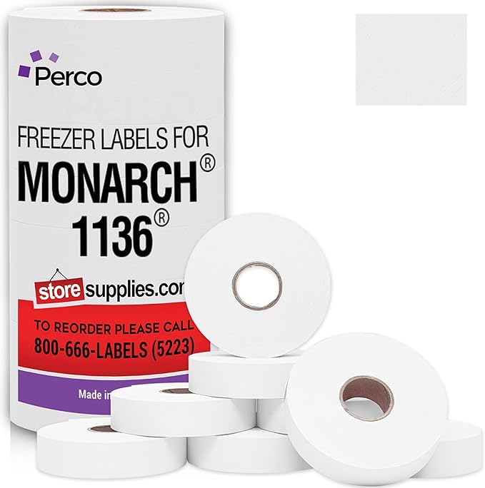 Perco Freezer Adhesives White Labels for Monarch 1136 Price Gun - 1 Sleeve, 14,000 Pricemarker Labels