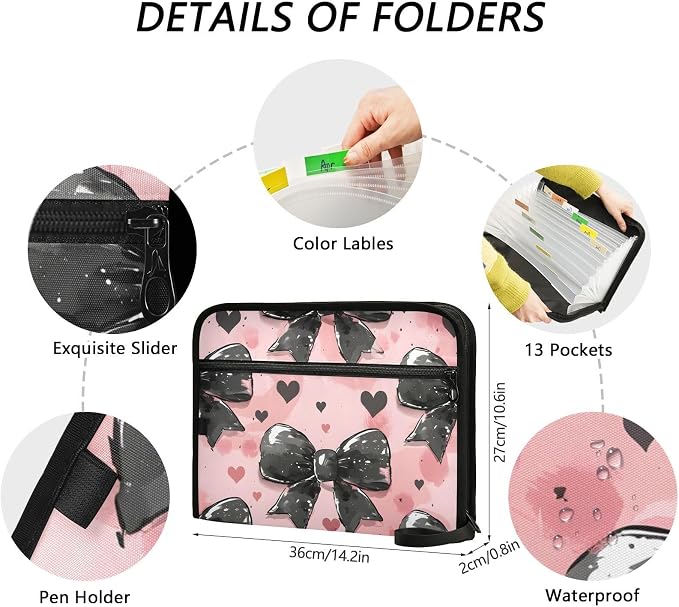 Expanding File Folder Black Bow Heart Pink Accordion File Organizer 13 Pockets Document Organizer with Zipper Labels A4 Letter Office Storage