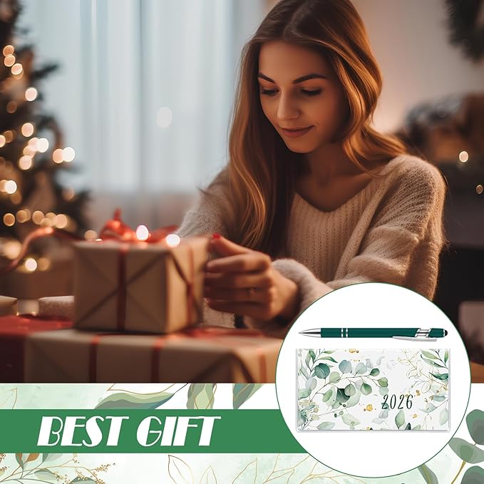 Gueevin 2026 Pocket Calendar for Purse with Pen Small Pocket Planner Handy Weekly Monthly Planner Journal Writing Notebook Valentine New Year Gift Sister Friend Women(Eucalyptus,Dark Green)