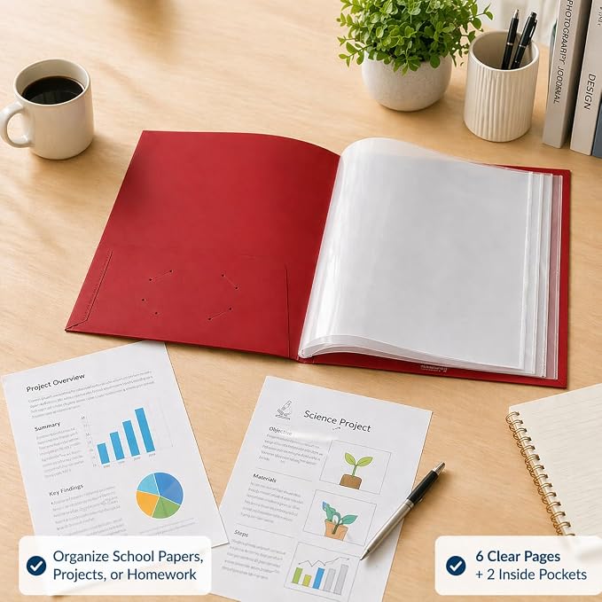 Ultra PRO - 50 Pack Red Heavy Duty 2-Pocket Folders with 6 Clear Internal Pages, Waterproof Poly Project Organizer for School and Office, Fits 8.5 x 11 Letter Size, Customizable Clear Covers
