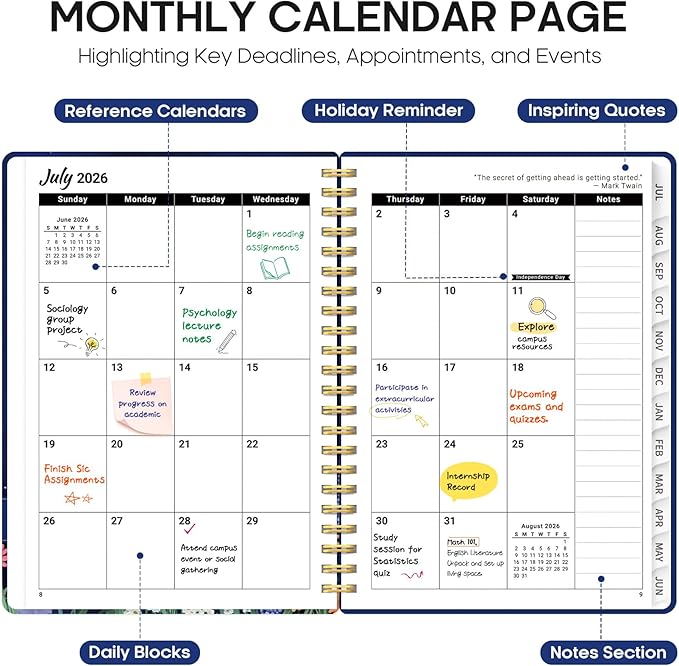 Planner 2026-2027, Academic Year Monthly and Weekly Calendar Planner, Jul 2026 - Jun 2027, Hardcover Teacher Student Planning Agenda book with Tabs, Perfect for School Office Supplies, 8.5" x 11" - Lavish Bloom
