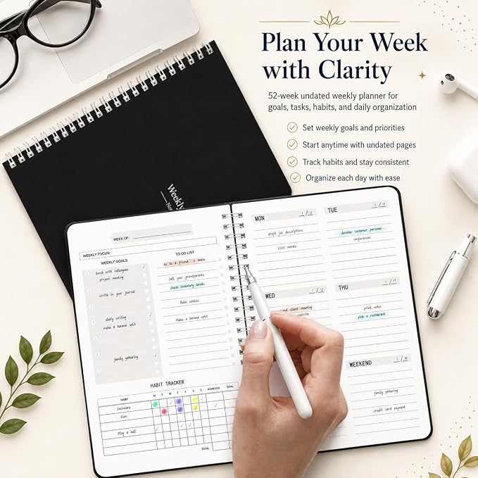 Undated Weekly Planner Notebook, 52-Week To-Do List Organizer with Weekly Goals, Habit Tracker and Priority Planner, Spiral Bound 5.8" x 8" Planner for Women and Men
