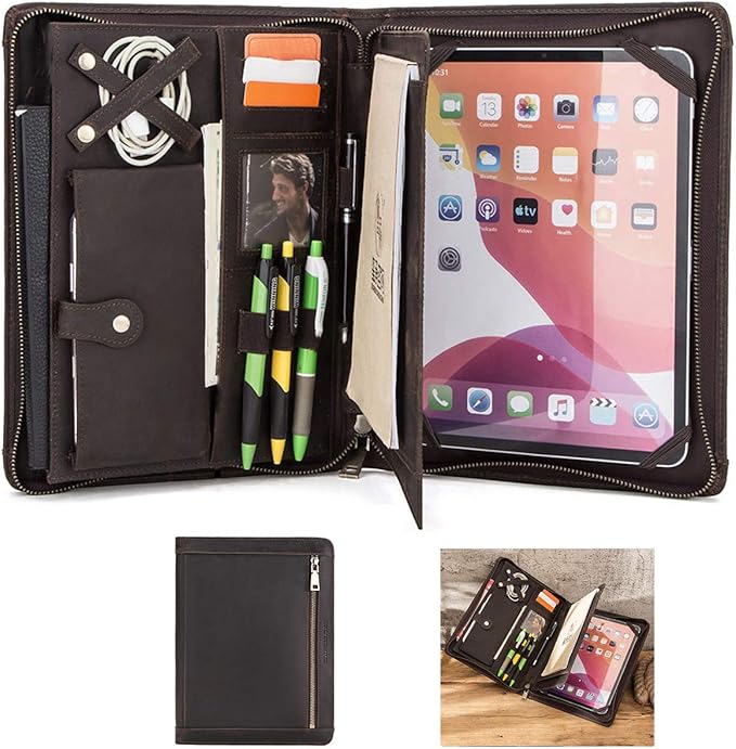 Leather Portfolio Padfolio for ipad Pro 11" Genuine Leather Smart Folio for 11-inch ipad pro 11 case with Pencil Holder Zipper Pocket Multifunctional Case for iPad 11/iPad 10.5/iPad 9.7