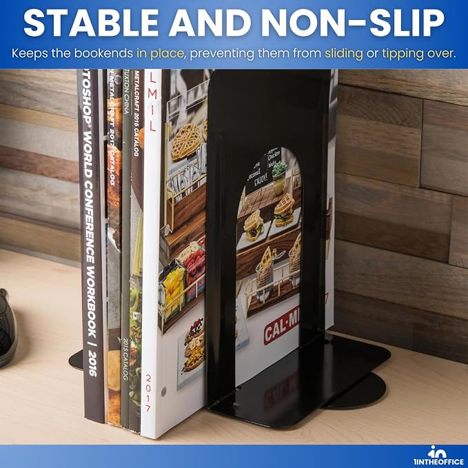 1InTheOffice Bookends for Shelves, Metal Bookends, 8 1/4" x 5 7/8" x 9", Non-Slip, Black, 2 Pack