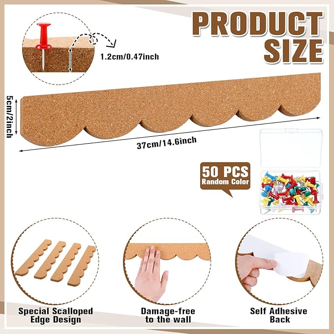 CroBlissful 4 Pcs Cork Strips Bulletin Bar Strip for Wall 14. 5 x 2 Inch Frameless Cork Board Strips with 50 Push Pins, Self Adhesive Backing, for Classroom Office Home Cubicle(Scalloped Style)