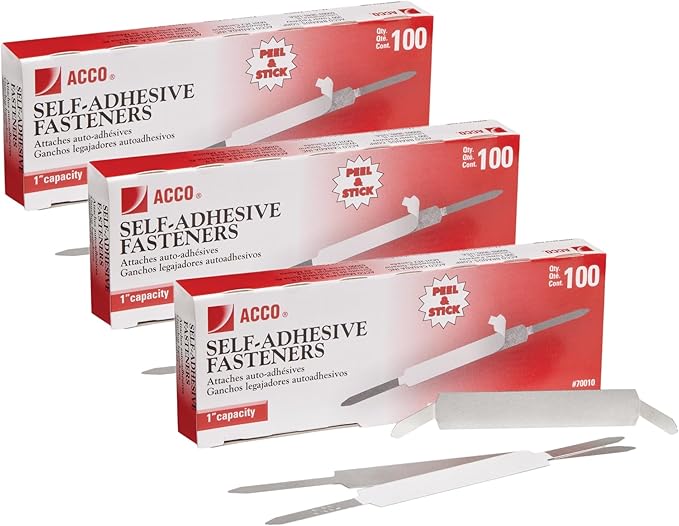 ACCO Brands Self-Adhesive Fasteners, 1" Capacity, Economy Box (70010), 100 Fasteners (Pack of 3)