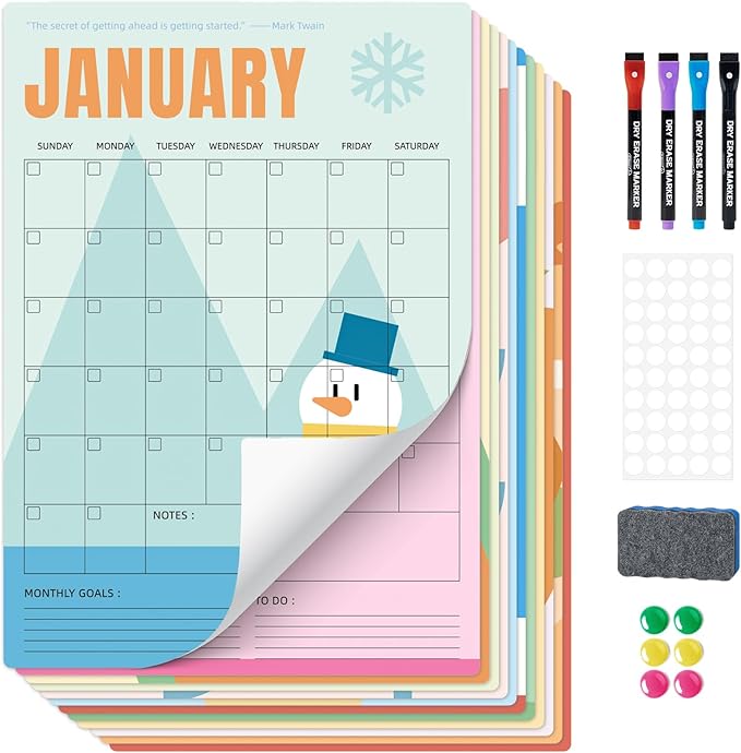 Ospelelf Undated Dry Erase Wall Calendar 12 Month, 12" x 17" Laminated Calendar Monthly Office Calendar 2026, 12 Sheets