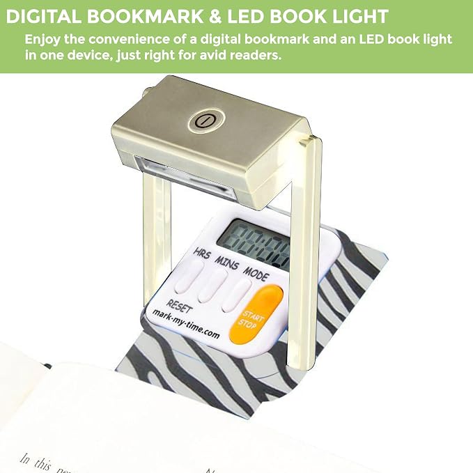 Mark-My-Time LED Book Light with Digital Bookmark and Reading Timer - Fun Reading Anywhere - Zebra