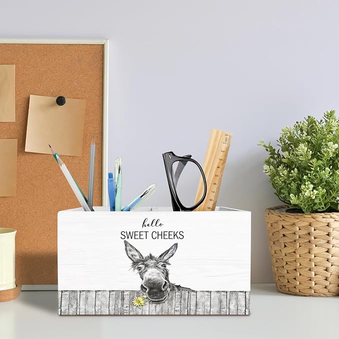 Farmhouse Funny Donkey Pen Pencil Holder for Desk, Gifts for Donkeys Lovers, Hello Sweet Cheeks Donkey Wooden Makeup Brush Toothbrush Holder Organizer for Bathroom Vanity Powder Room