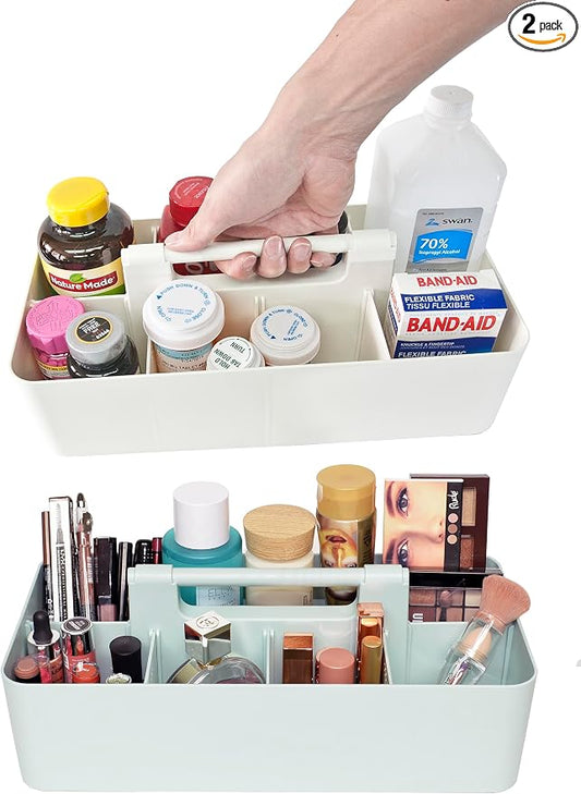 Portable Caddy Organizer -2 Stackable Plastic Caddy with Handle | Desk, Makeup, Dorm Caddy, Classroom Art Organizers (Made In Usa) (Ivory/Mint)