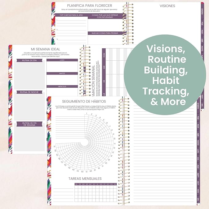 bloom daily planners UNDATED Spanish Calendar Year Day Planner - Passion/Goal Organizer - Start Anytime Monthly & Weekly Agenda Book with Tabs (January to December) - 5.5" x 8.25" - Otomi Embroidery