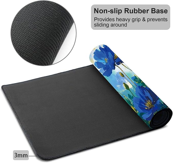 Mouse Pad Gaming Mousepad 31.5x11.8 Inch XXL Large + Coasters,Desk Mat with Stitched Edges, Non-Slip Rubber Base, Thick Mouse Pad for Computer, Laptop, Office & Home - Blue Flower