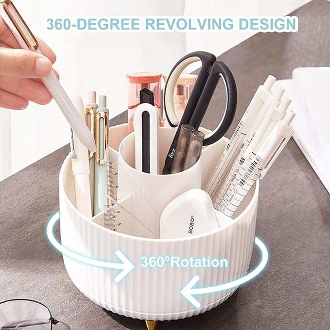 Cayxenful Pencil Holder For Desk,5 Slots 360°Degree Rotating Desk Organizers And Accessories,Desktop Storage Stationery Supplies Organizer, Cute Pencil Cup Pot For Office, School, Home (B-White)