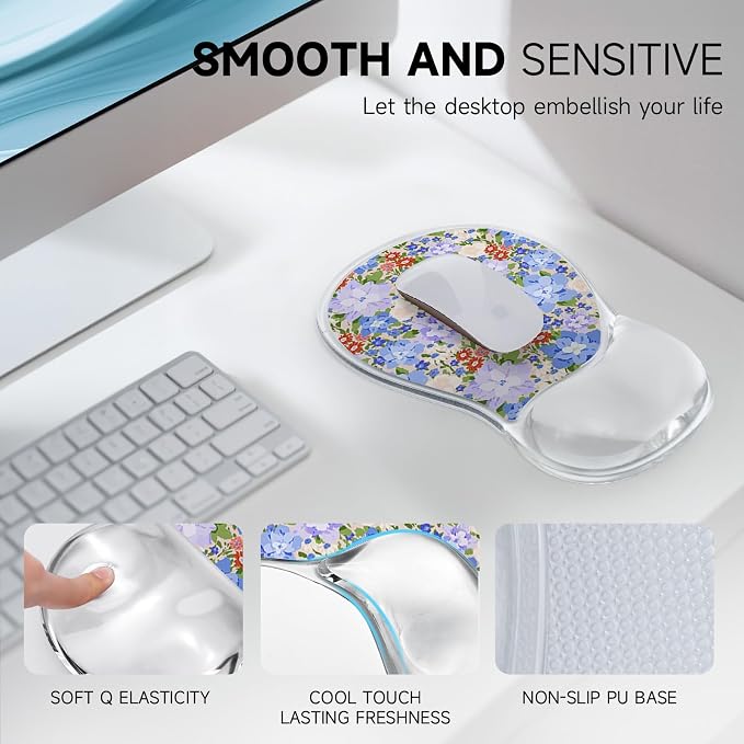AUPET Ergonomic Mouse Pad with Gel Wrist Support – Non-Slip Mouse Mat with Comfortable Memory Gel Cushion – Relieves Wrist Pain – Designer Pattern for Home Office & Gaming (Violet-Blue Blossom Patch)