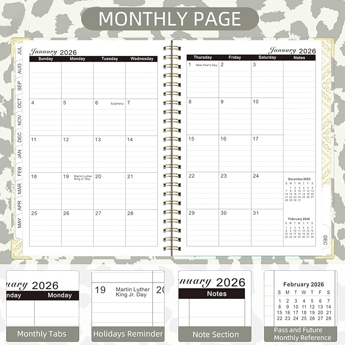 2026 Planner, Jan.2026 - Dec.2026 Planner Weekly and Monthly 6.25"x8.5" with Page Tabs, Calendar Hardcover with Inner Pocket, Elastic Band, Twin-Wire Binding, Bookmark, Gray Leopard