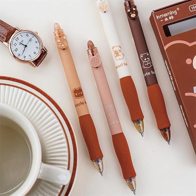 MOZXIRZ 4 Pcs Erasable Gel Ink Pens Retractable Pens Cute Bear Pens 0.5mm Fine Point Pen Office School Supplies Women Pen (Black Ink-Coffee Bear)