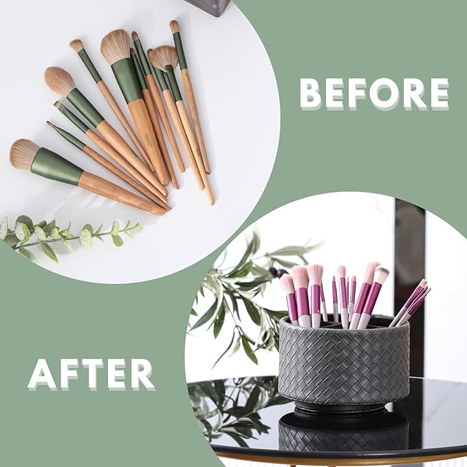 Rotating Remote Holder, PU Leather 360 Degree Rotating Desktop Organizer with 4 Compartments, Makeup Brush Holder Organizer for Vanity Desk, Grey PH118
