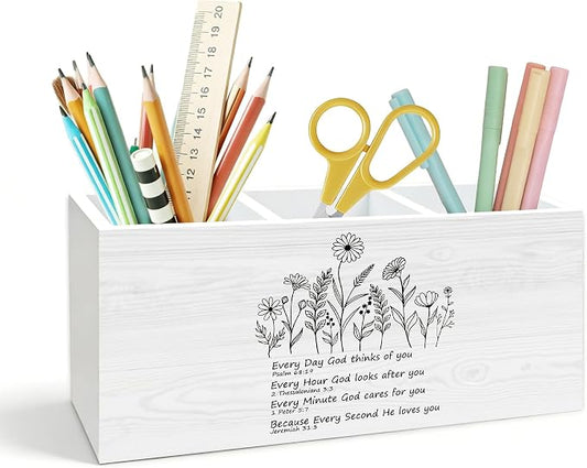 Christian Wildflower Pen Holder for Desk, Christian Gifts for Women Faith, Inspirational Bible Verse Wooden Box Pencil Pen Holder Organizer for Home Office Desk Accessories