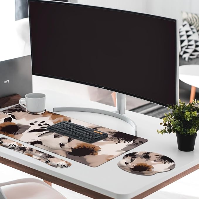 Britimes Brown Boho Tribal Flower Keyboard Mouse Pad Set 4in1 Large Mousepad+Keyboard Wrist Rest+Mouse Wrist Rest+Coaster Set with Ergonomic Design for Home Office Computer 35.4x15.7 inches