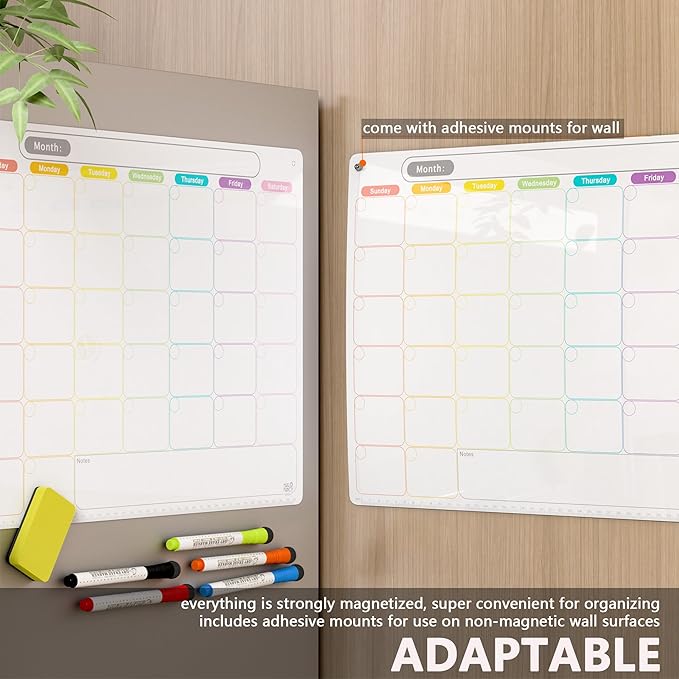 Mag-Fancy Dry Erase Calendar Kit- Magnetic Calendar for Refrigerator - Monthly Fridge Calendar Whiteboard with Extra-Thick Magnet Included 5 Marker & Eraser & Adhesive Hooks for Wall Hanging