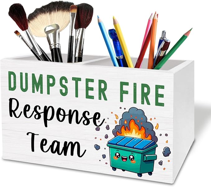 Funny Dumpster Fire Pen Holder for Desk, Dumpster Fire Response Team Wooden Box Sign Desk Decor for Home Office Decoration, Sarcastic Gifts for Coworkers Pencil Organizer