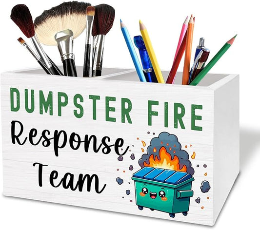 Funny Dumpster Fire Pen Holder for Desk, Dumpster Fire Response Team Wooden Box Sign Desk Decor for Home Office Decoration, Sarcastic Gifts for Coworkers Pencil Organizer
