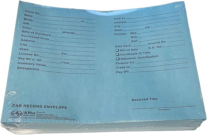 A Plus Car Record Envelope #19 Vehicle Dealer Jackets, 100 Quantity, Blue (P15)