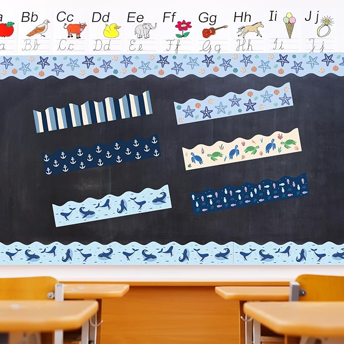 75Ft Ocean Bulletin Board Borders Summer Sea Themed Scalloped Trim Turtle Whale Fish Bulletin Borders Back to School Boho Classroom Home Office Chalkboard Wall Door Decorations for Summer Beach Pool