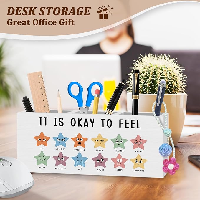 WODMIS Mental Health Classroom Pen Pencil Holder for Desk, It Is Okay to Feel Emotions Chart Wooden Box Organizer Decorations for Classroom Therapy School Counselor Office Desk Accessories Tabletop